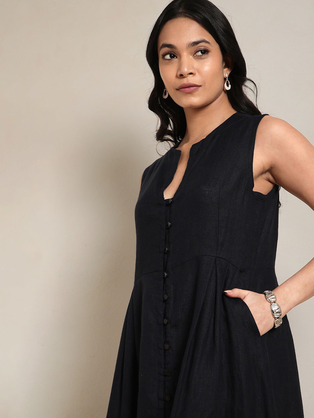 Linen Round Neck Dress in Dark Navy 100% Pure Linen | Effortless Everyday Wear by Ecothread